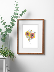 african daisy art print in frame on wall