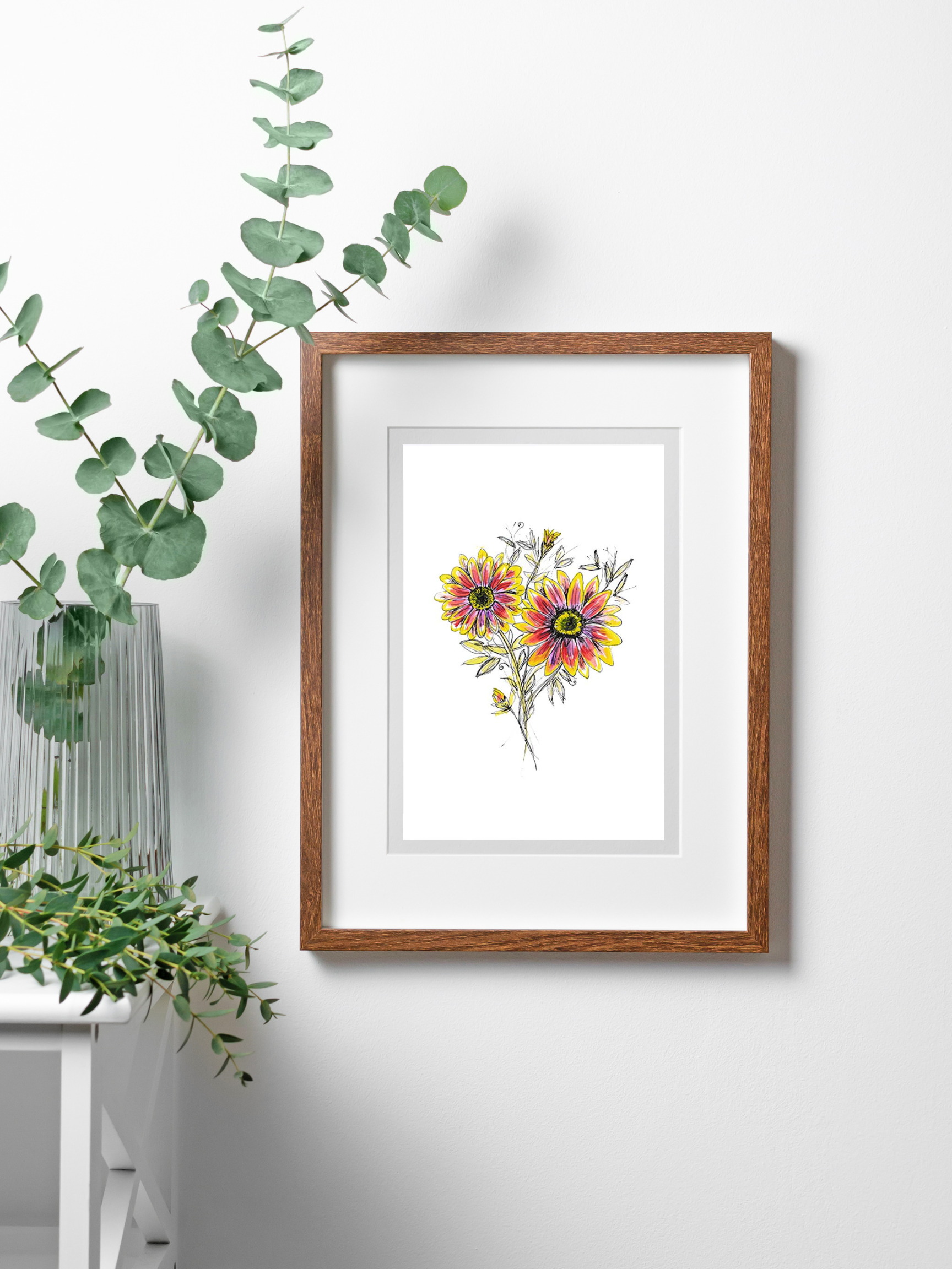 african daisy art print in frame on wall