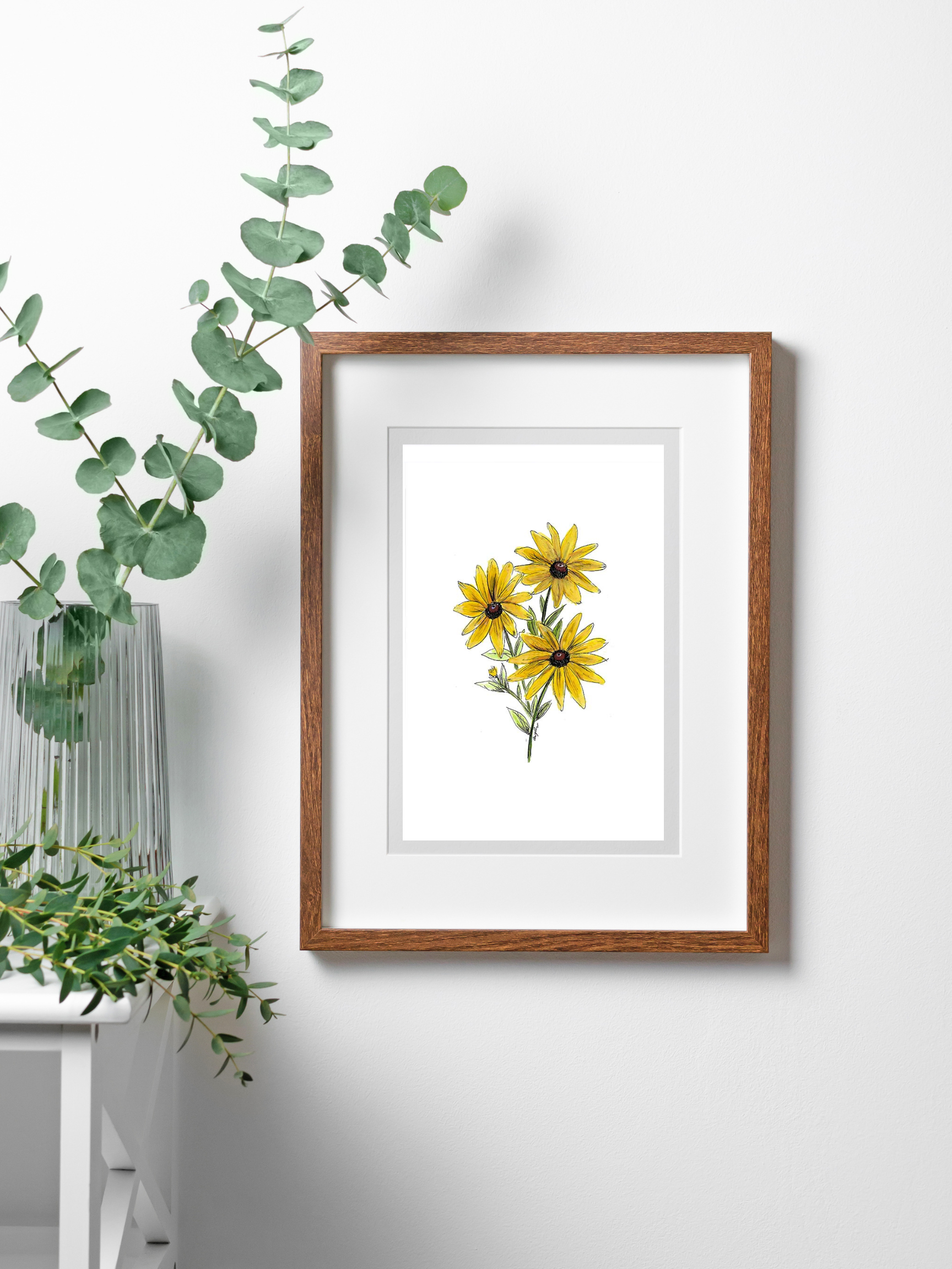 black-eyed susan art print on wall