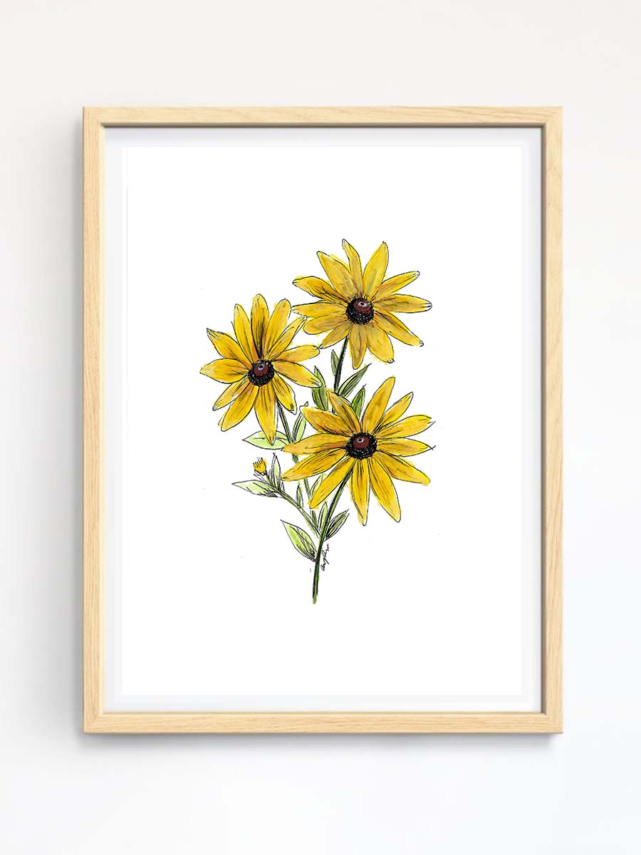 black-eyed susan art print on wall