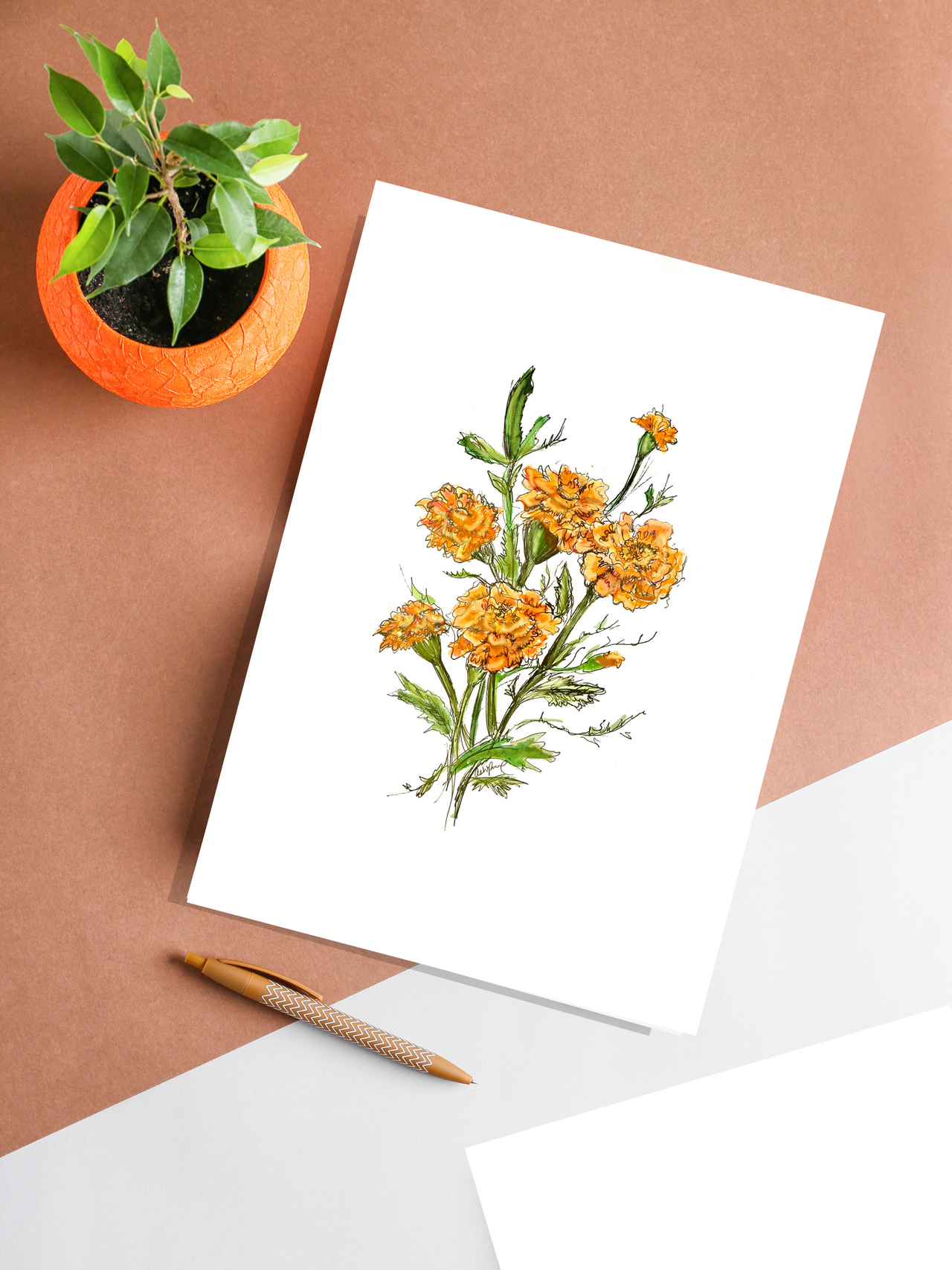 Marigold Watercolor, October Birth Flower - Original Art Print