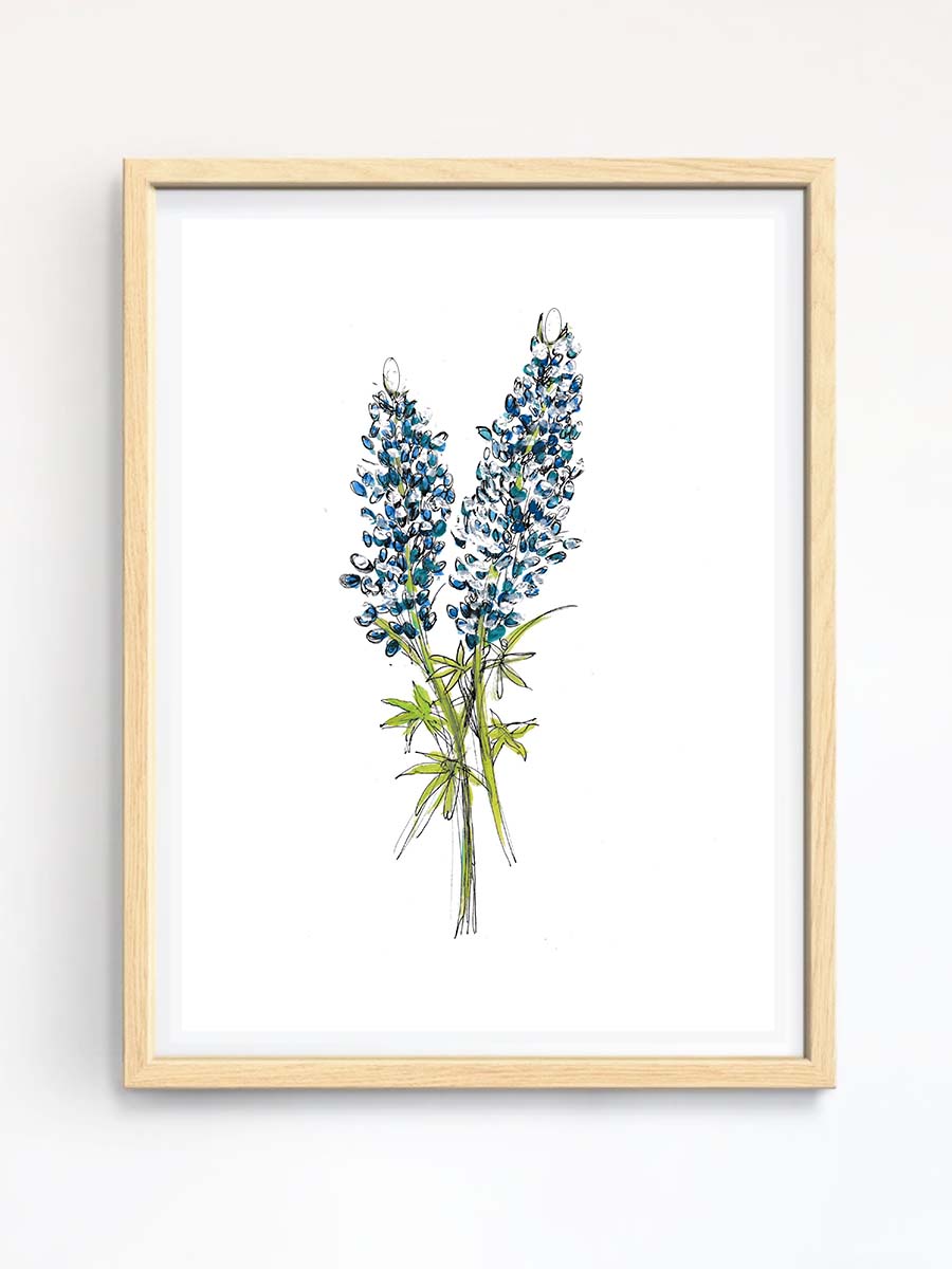 bluebonnet watercolor and ink original art print situated within wooden frame