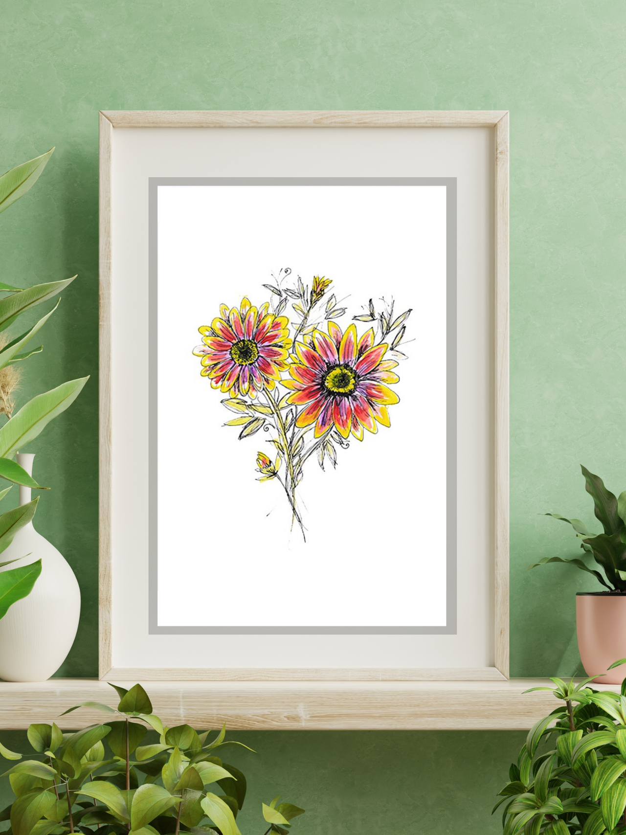 african daisy art print in frame on wall