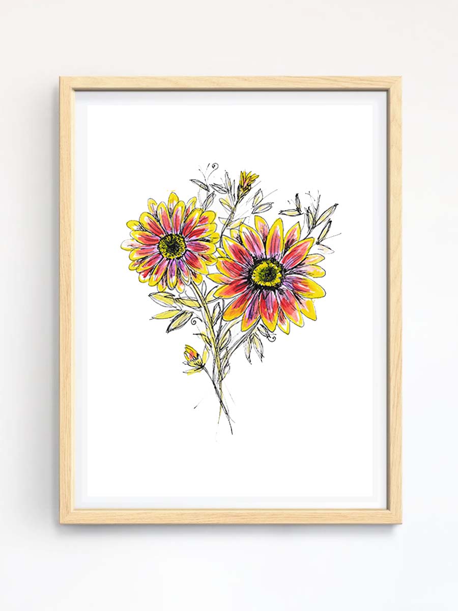 african daisy art print in frame on wall