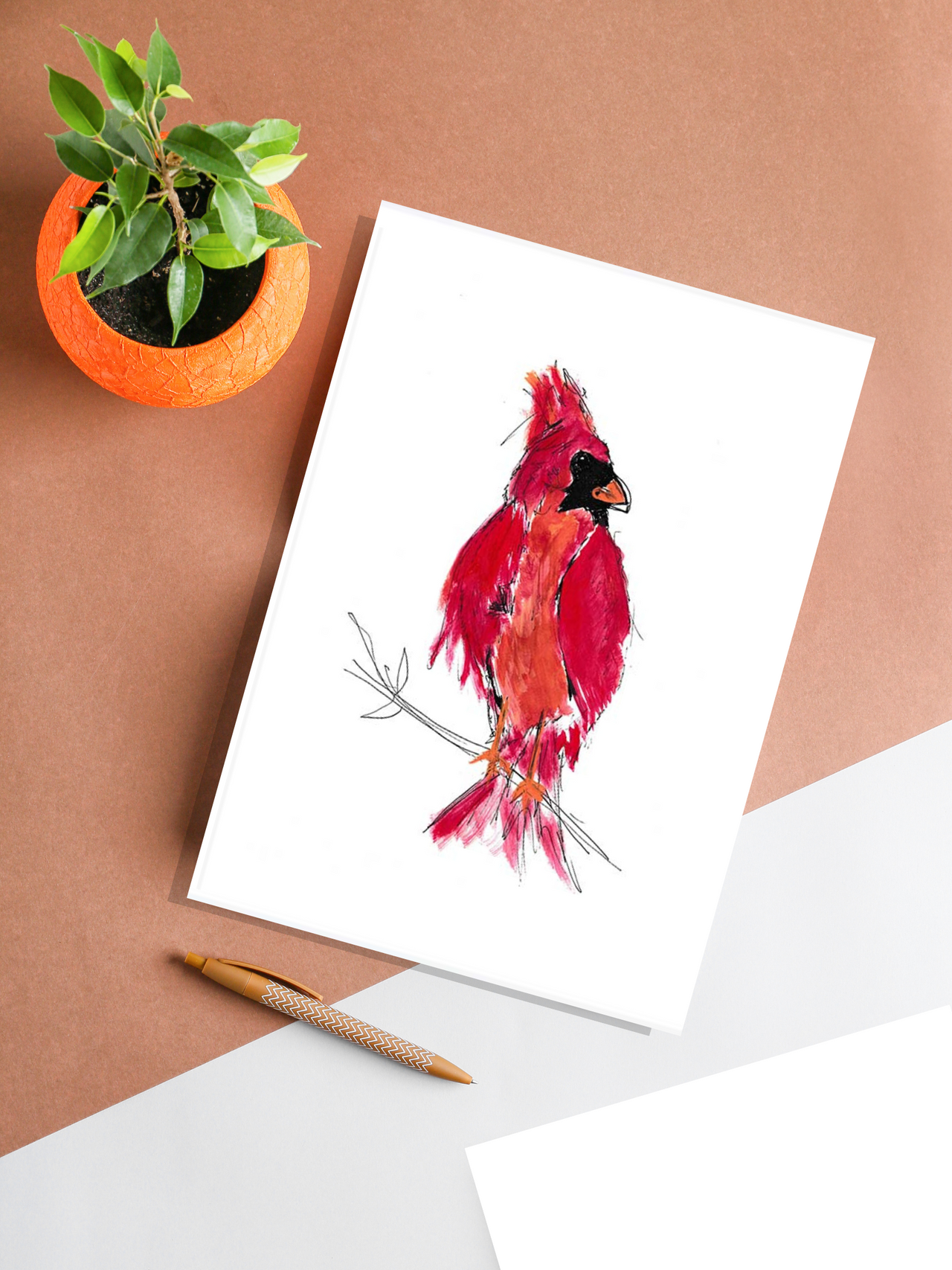 Cardinal Watercolor and Ink- Original Art Print. 