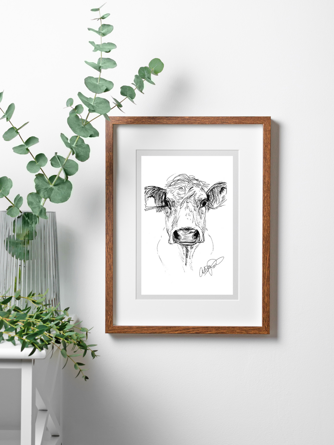 Ink Cow Sketch - Original Art Print, Framed in a wooden frame.
