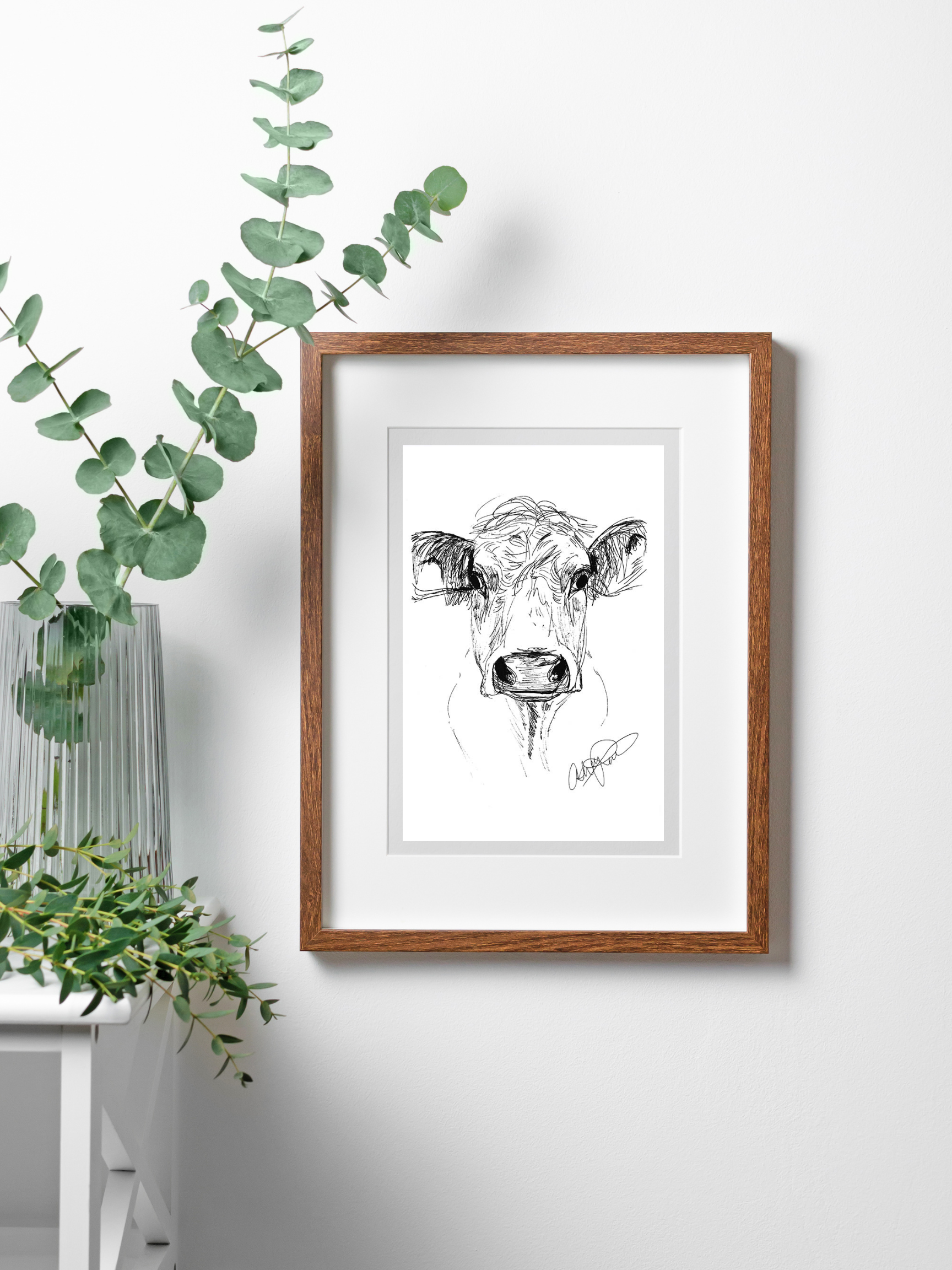 Ink Cow Sketch - Original Art Print, Framed in a wooden frame.
