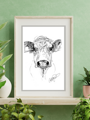 Ink Cow Sketch - Original Art Print in frame on green wall