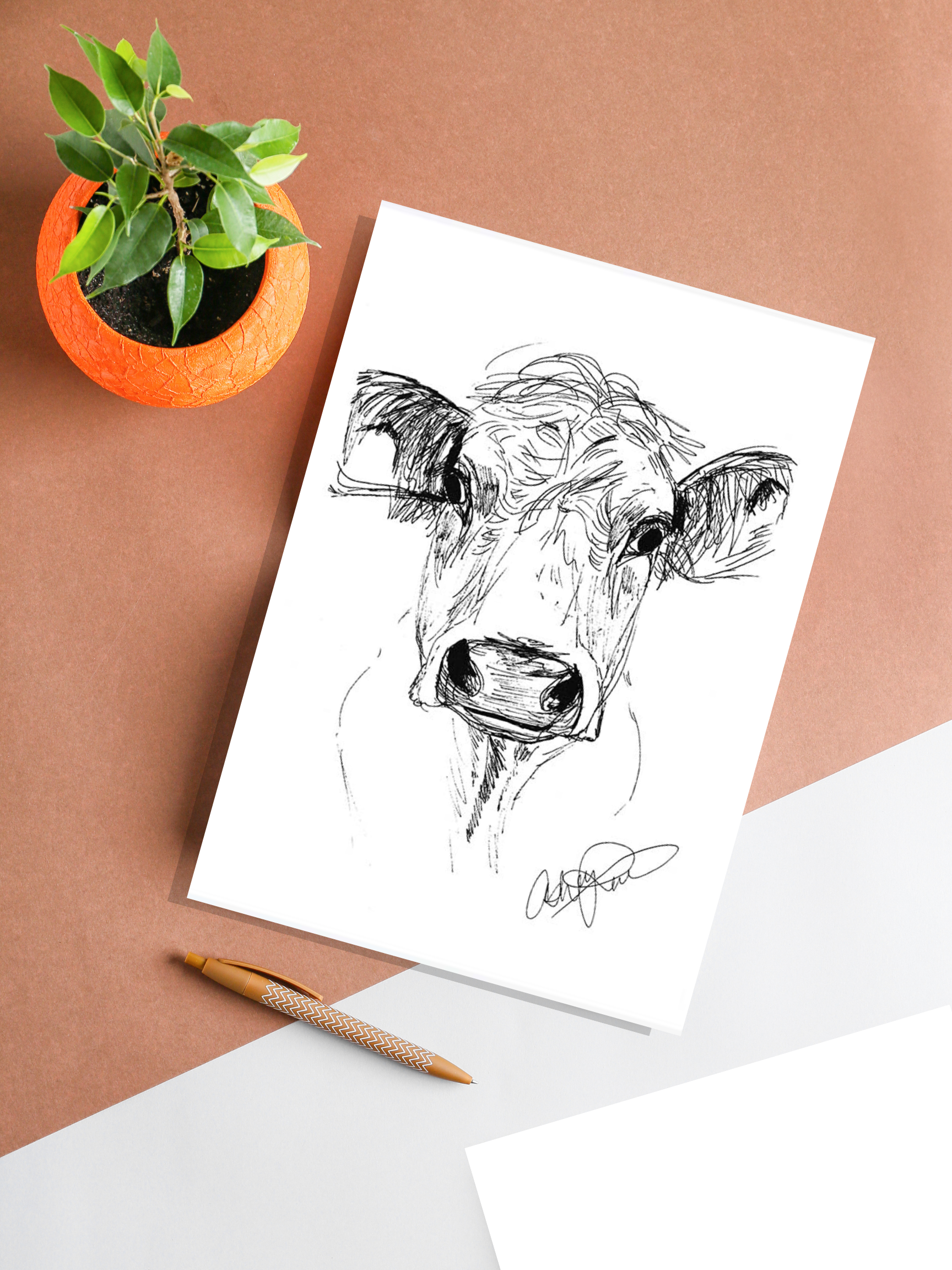 Ink Cow Sketch - Original Art Print on table