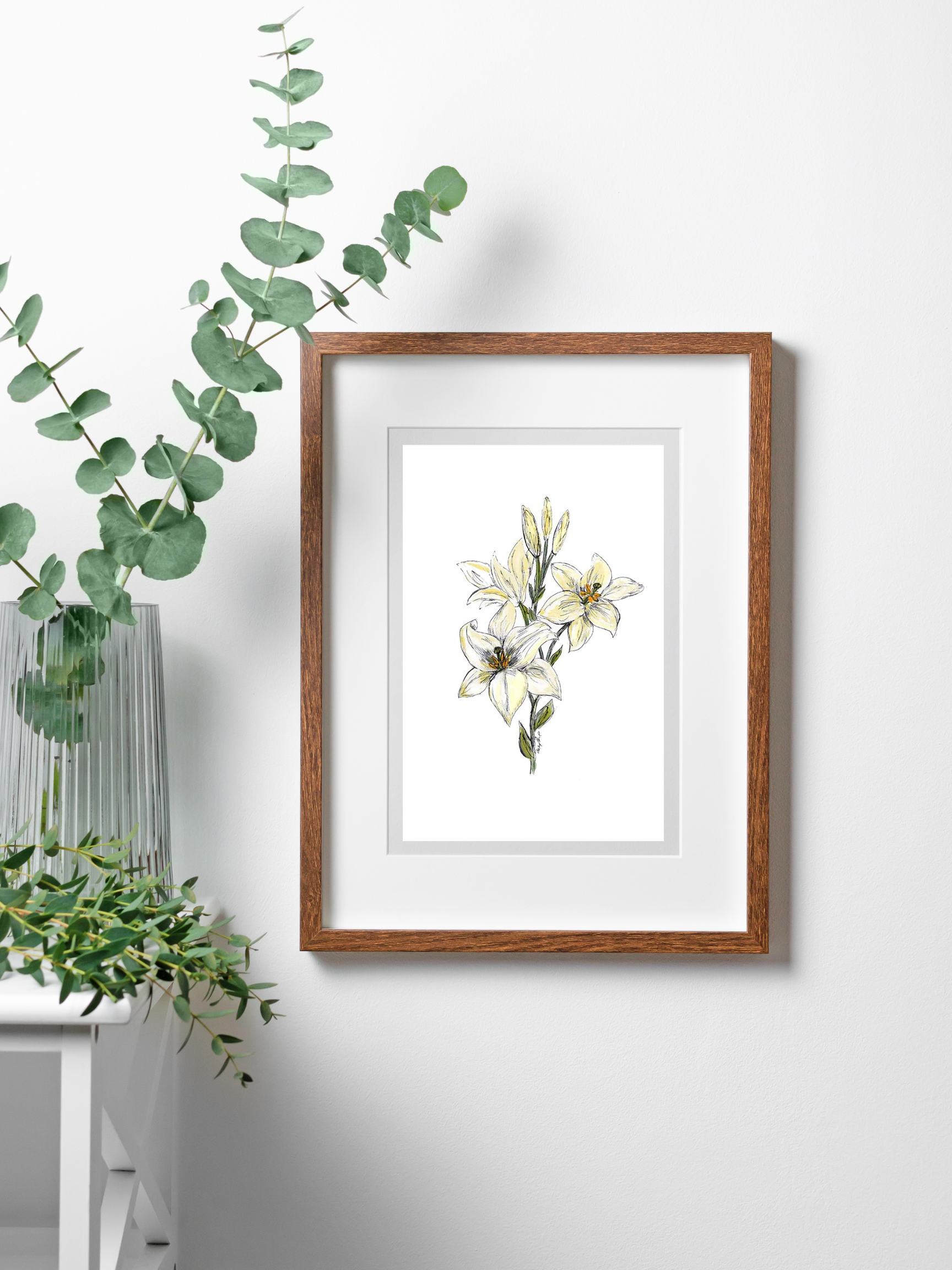 daylily art print in wood frame on wall