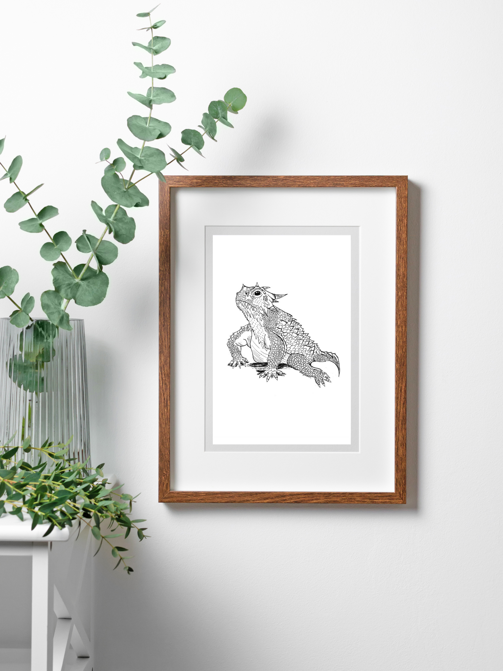 horned toad art print in frame on wall