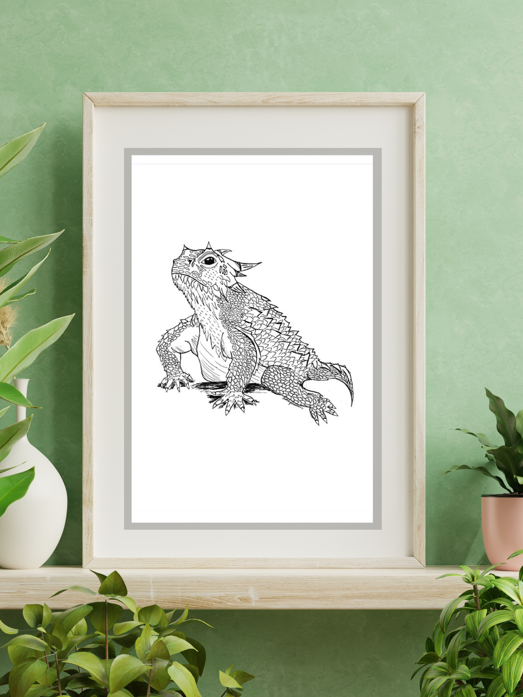 horned toad art print in frame on wall