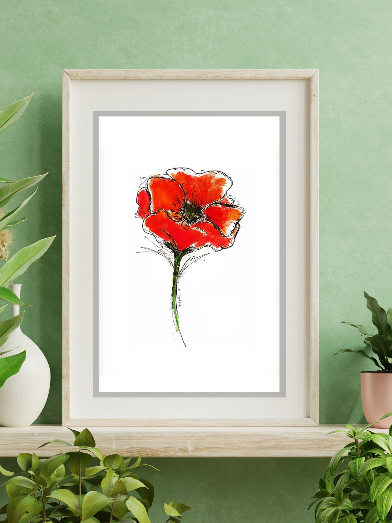 red poppy art print on green wall