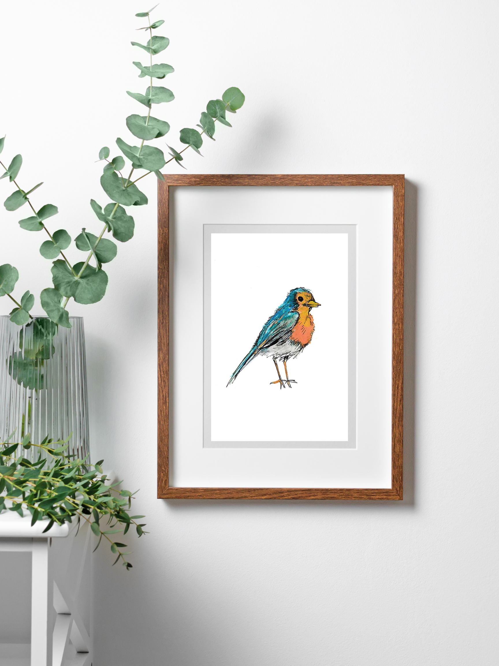 robin art print in wood frame