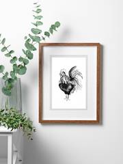 rooster art print hanging on wall