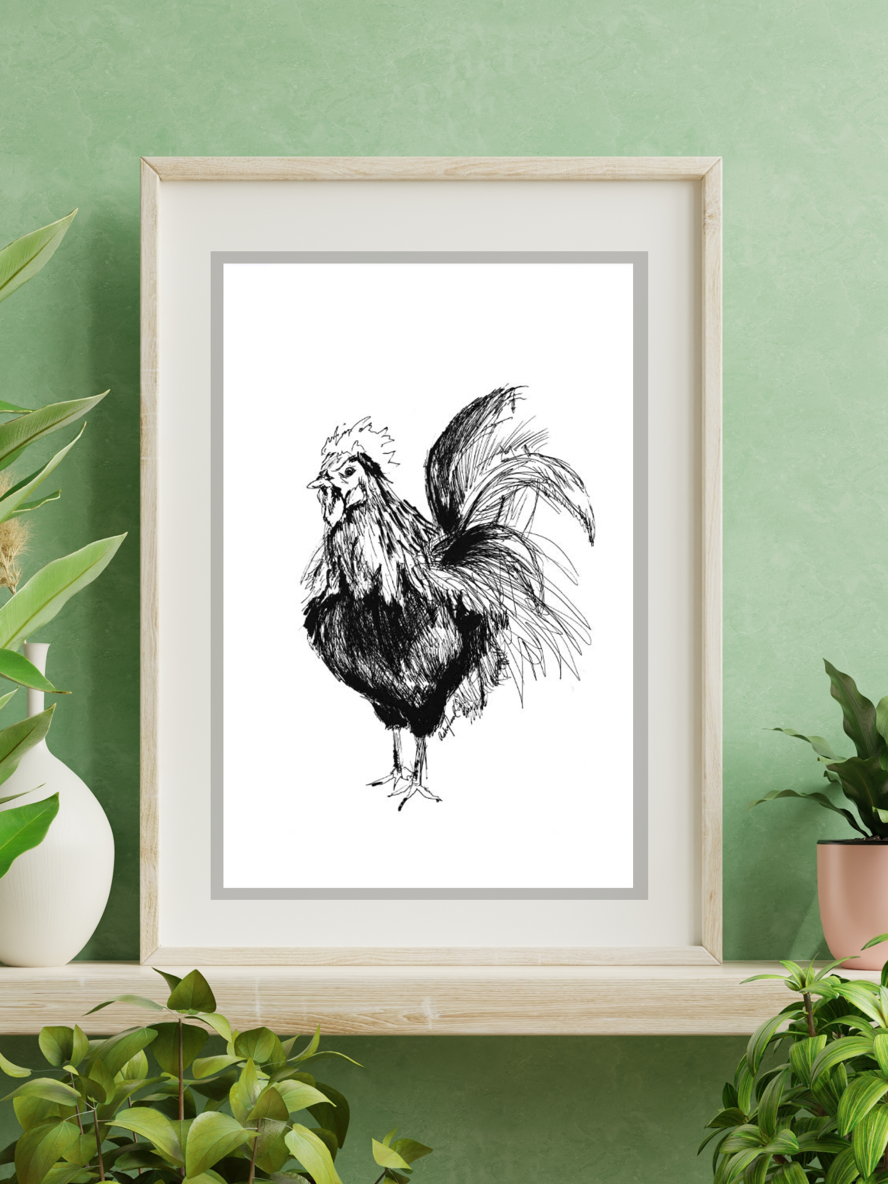 rooster art print hanging on wall