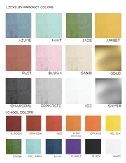 Locksley Product colors page. Includes school colors and a variety of other colors.