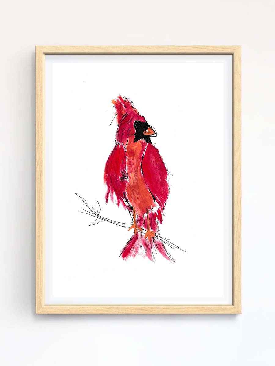 Cardinal Watercolor and Ink- Original Art Print. Print is framed in wooden frame