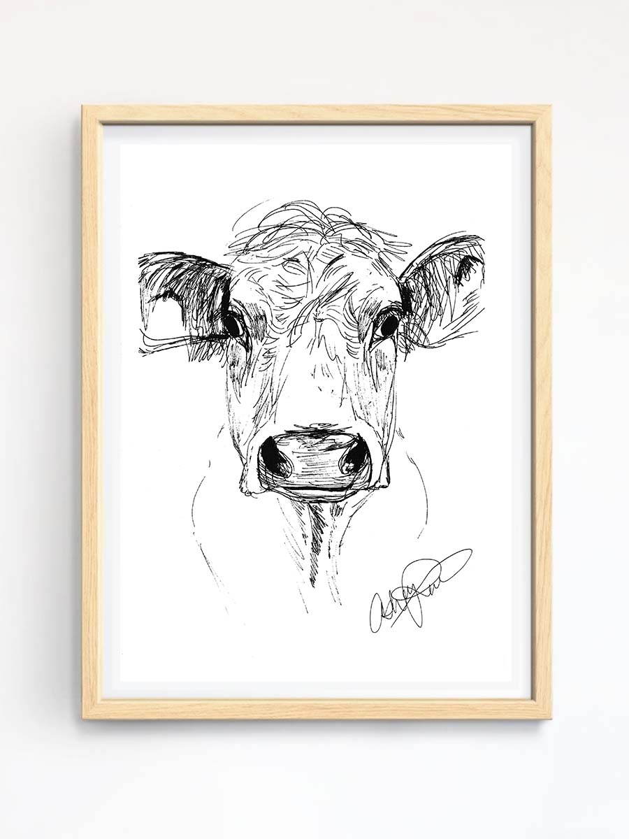 Ink Cow Sketch  - Original Art Print, Framed in a wooden frame.