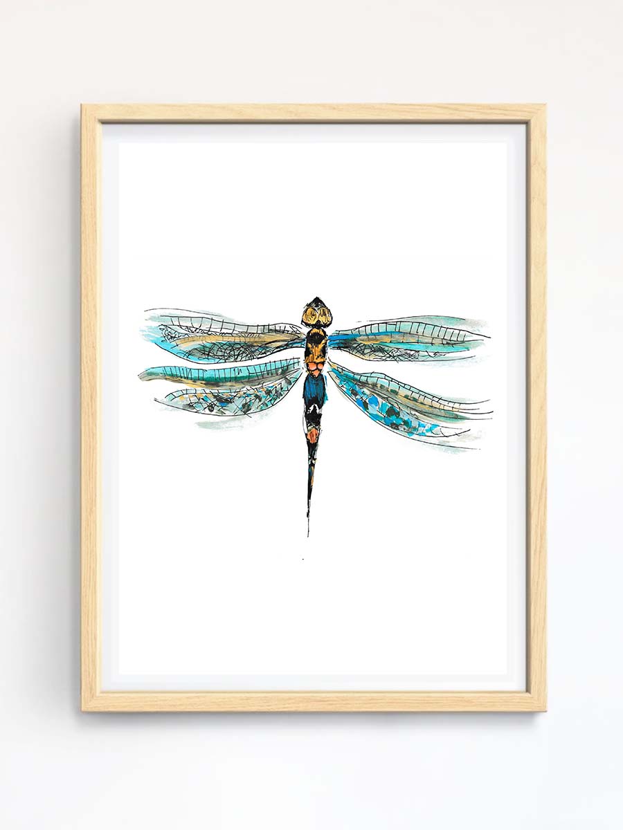 dragonfly watercolor and ink - original art print. Print in wooden frame