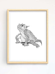 horned toad sketch ink - original art print. Print in wooden frame