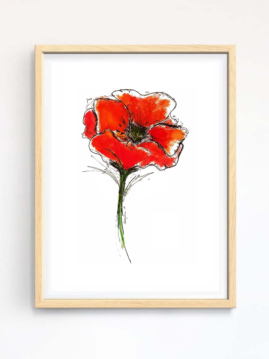 poppy watercolor and ink - original art print in wooden frame