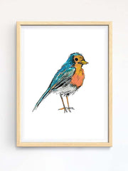 Robin Watercolor and ink - Original Art Print in wooden frame