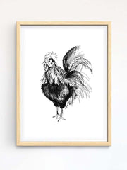 rooster sketch watercolor and ink- original art print in a wooden frame